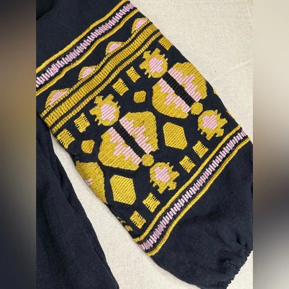 D105 Free People Navy Oversized Dress with Yellow Gold Embroidery - Full Sleeves - Picture 5 of 8